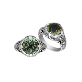 Sterling Silver vintage-inspired Green Amethyst Quartz ring with elegant Balinese handcrafted detailing.